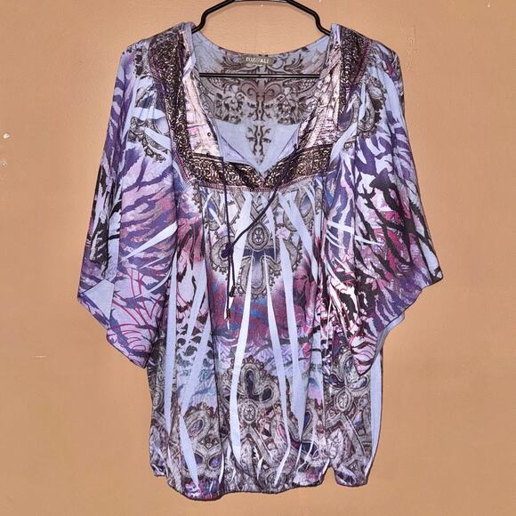 Roz & Ali Women's Purple Boho Floral Poncho Top - XL - Picture 1 of 9